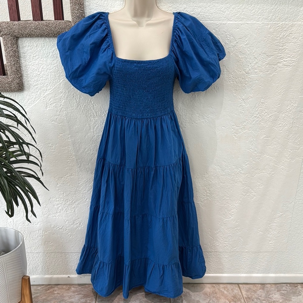 KINGS ROAD Women’s Blue Puff Sleeve Tiered 100% Cotton Smocked Midi Dress S EUC